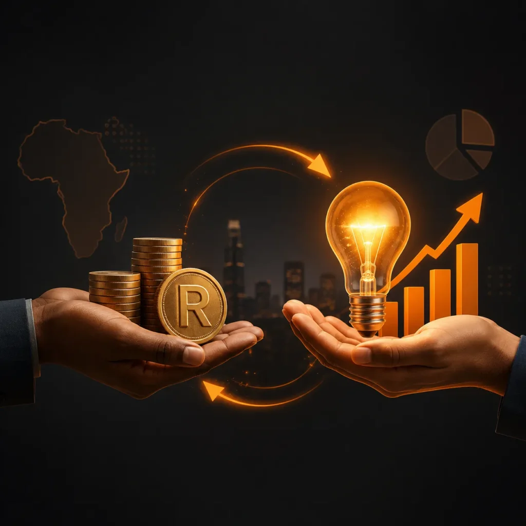 Black and orange business funding image showing rand coins, a glowing light bulb, growth symbols, and funding support for South African business ideas.
