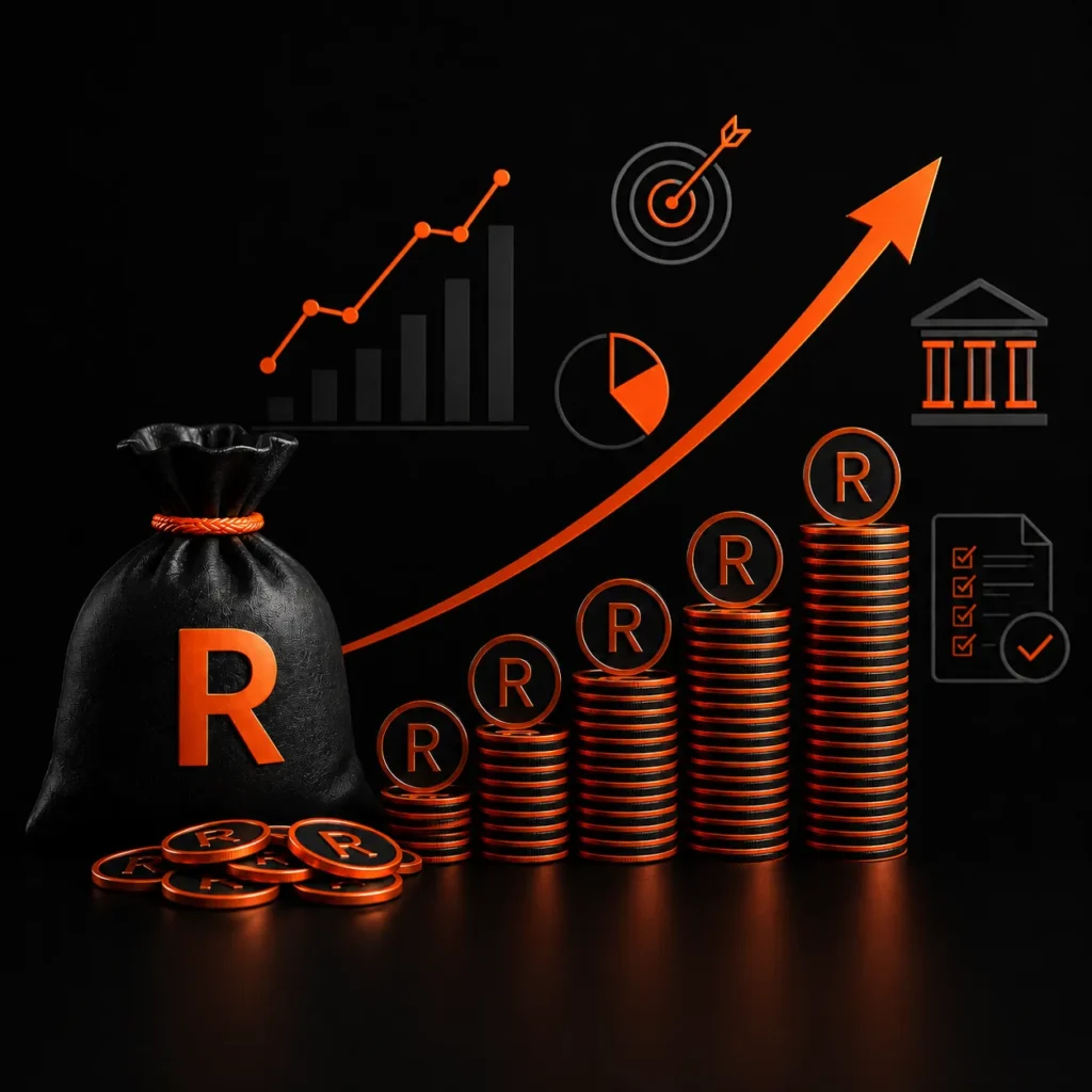 Black and orange financial growth image showing rand coin stacks, business charts, bank funding symbols, and capital growth for South African businesses.