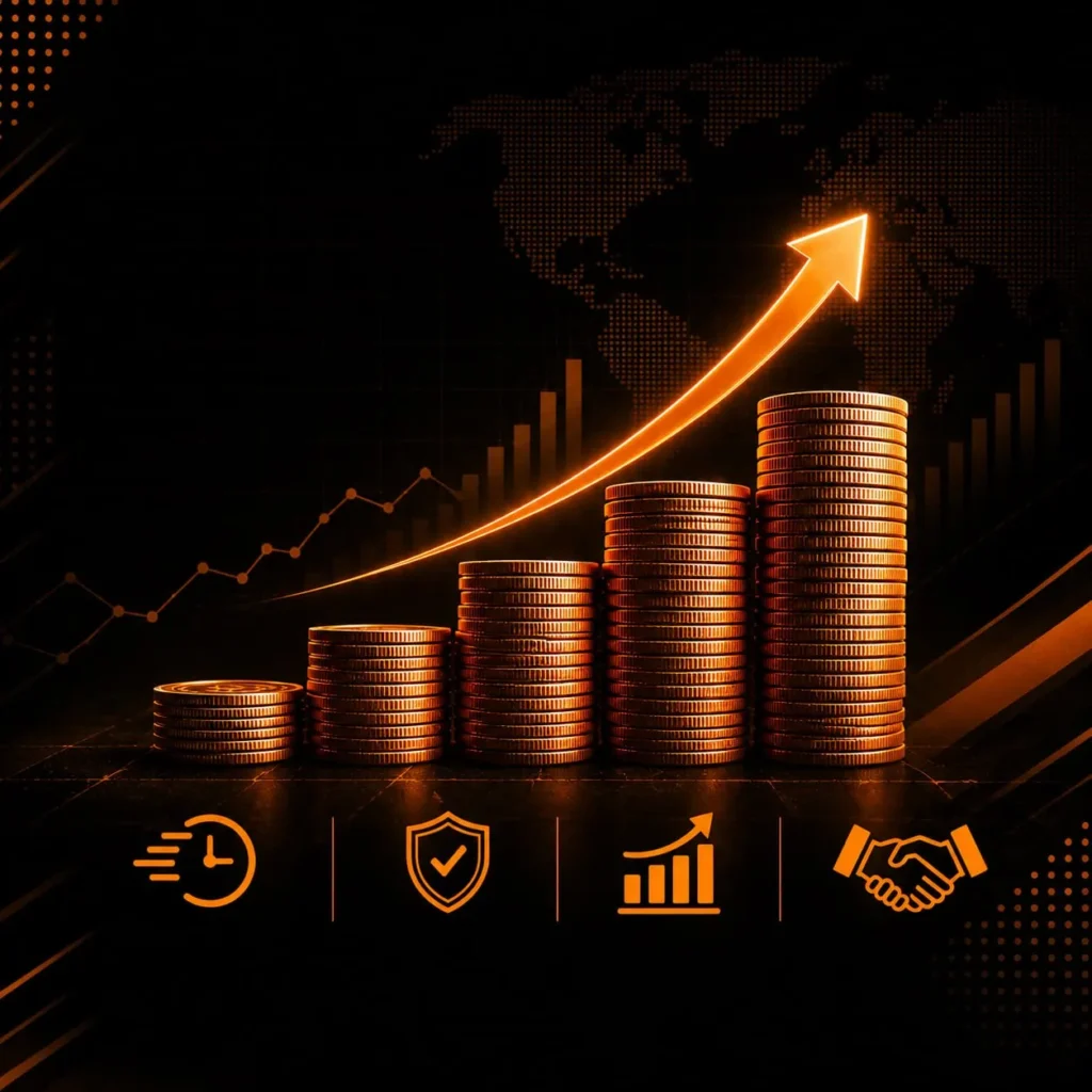 Illustration of rising coin stacks and an upward growth arrow showing business funding growth and finance opportunities in South Africa.