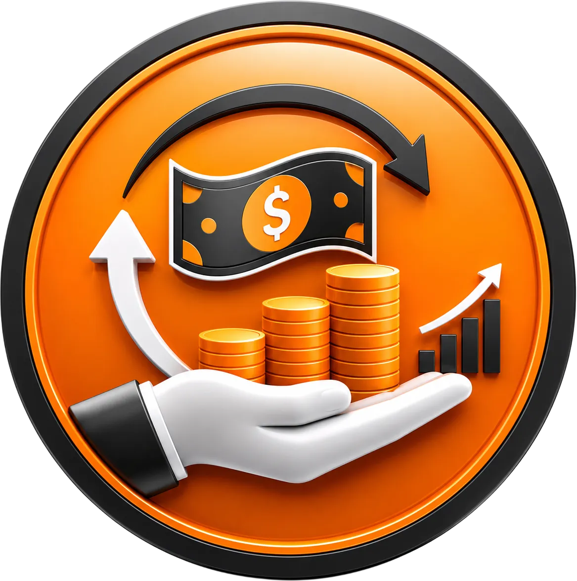 Orange circular business funding icon showing cash flow support with money movement and growth elements for South African business funding.