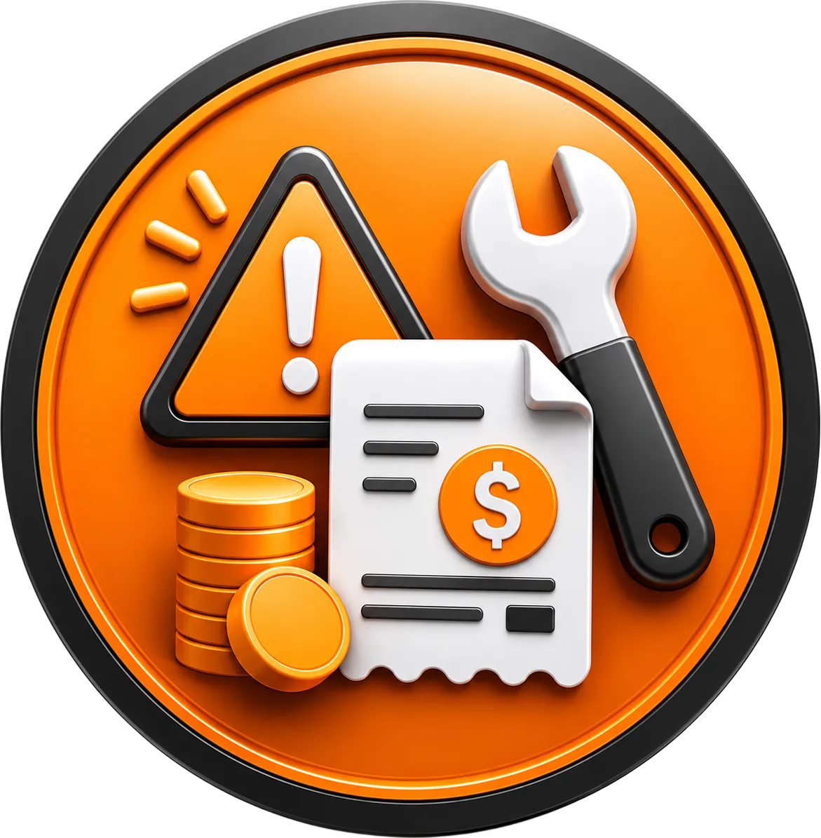 Orange circular business funding icon showing emergency business costs, urgent repairs, and short-term funding support for businesses.