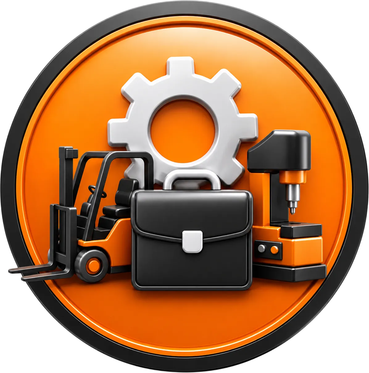 Orange circular business funding icon showing equipment and asset finance for machinery, tools, vehicles, and business growth needs.