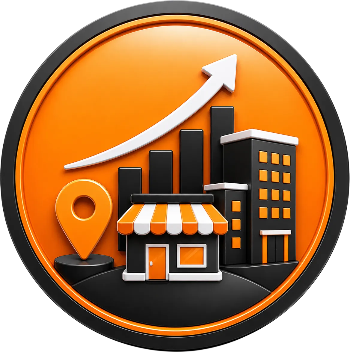 Orange circular business funding icon representing business growth and expansion with upward movement, progress, and scaling concepts.