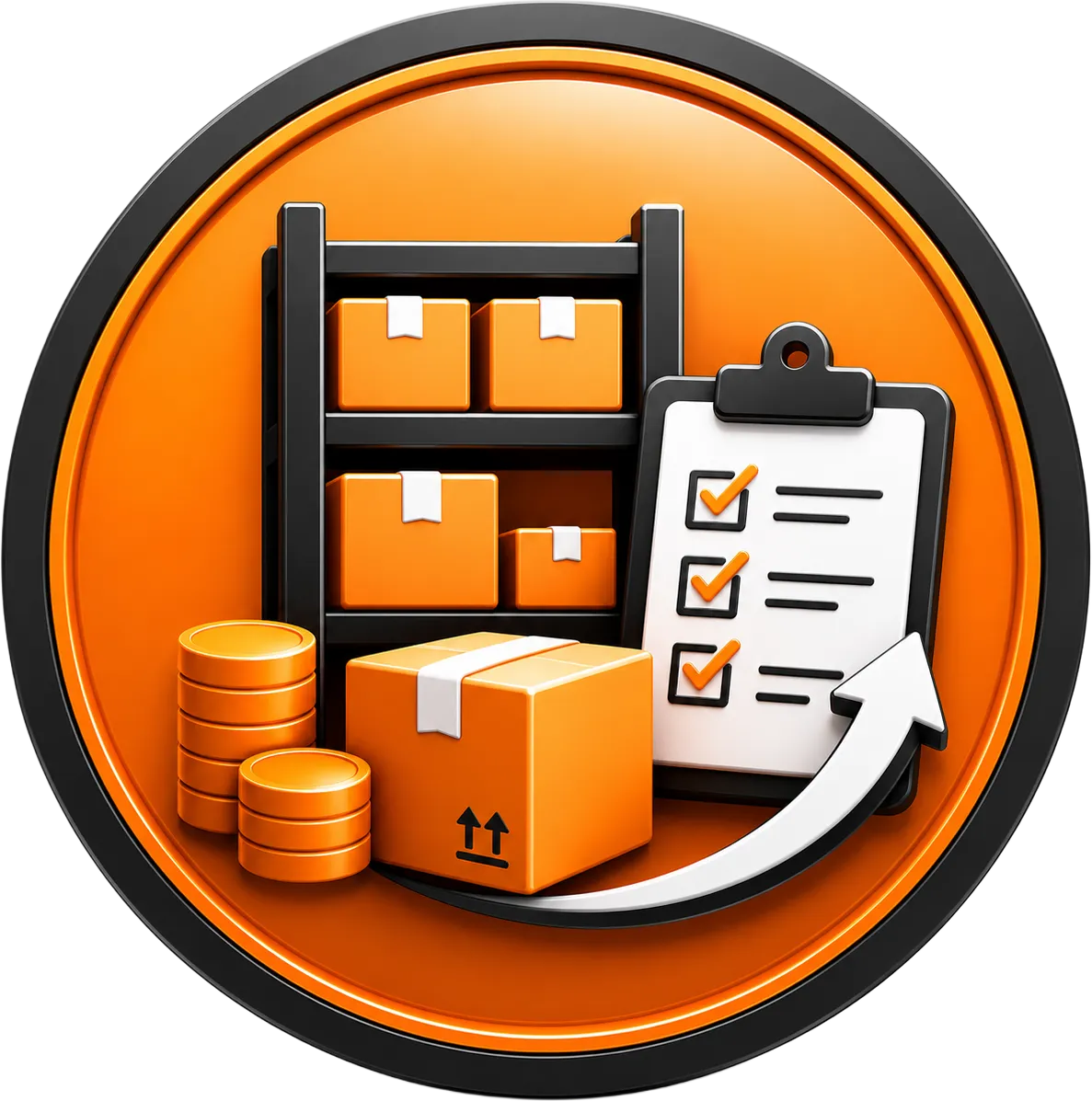 Orange circular business funding icon representing stock and inventory funding for retailers, online stores, and product-based businesses.