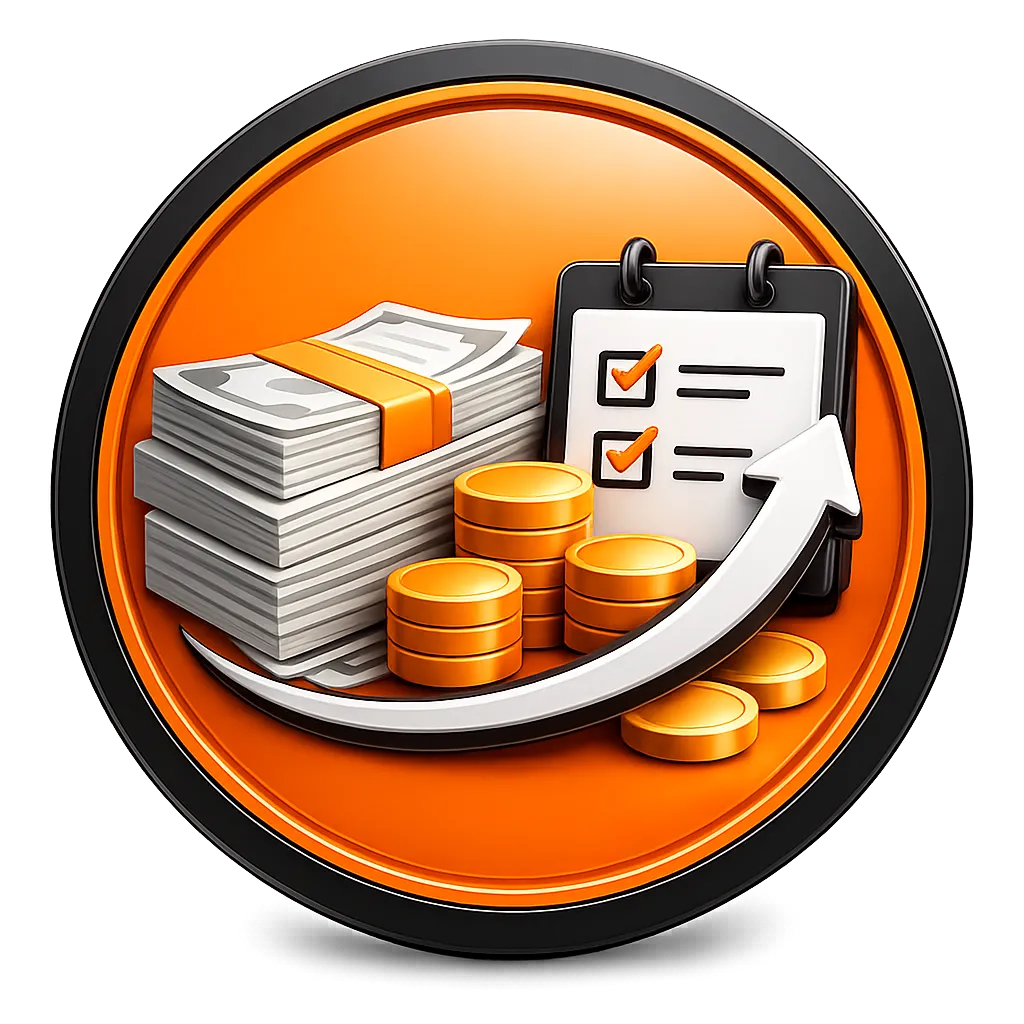 Orange circular personal loan icon showing cash, repayment checklist, and short-term money support for bills and temporary income gaps.