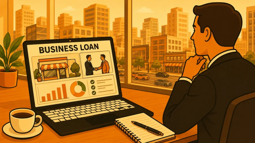 Black and orange business loan illustration showing a hand selecting between business funding options such as a shop, office, stock, equipment, and working capital, representing how to choose the right business loan in South Africa.