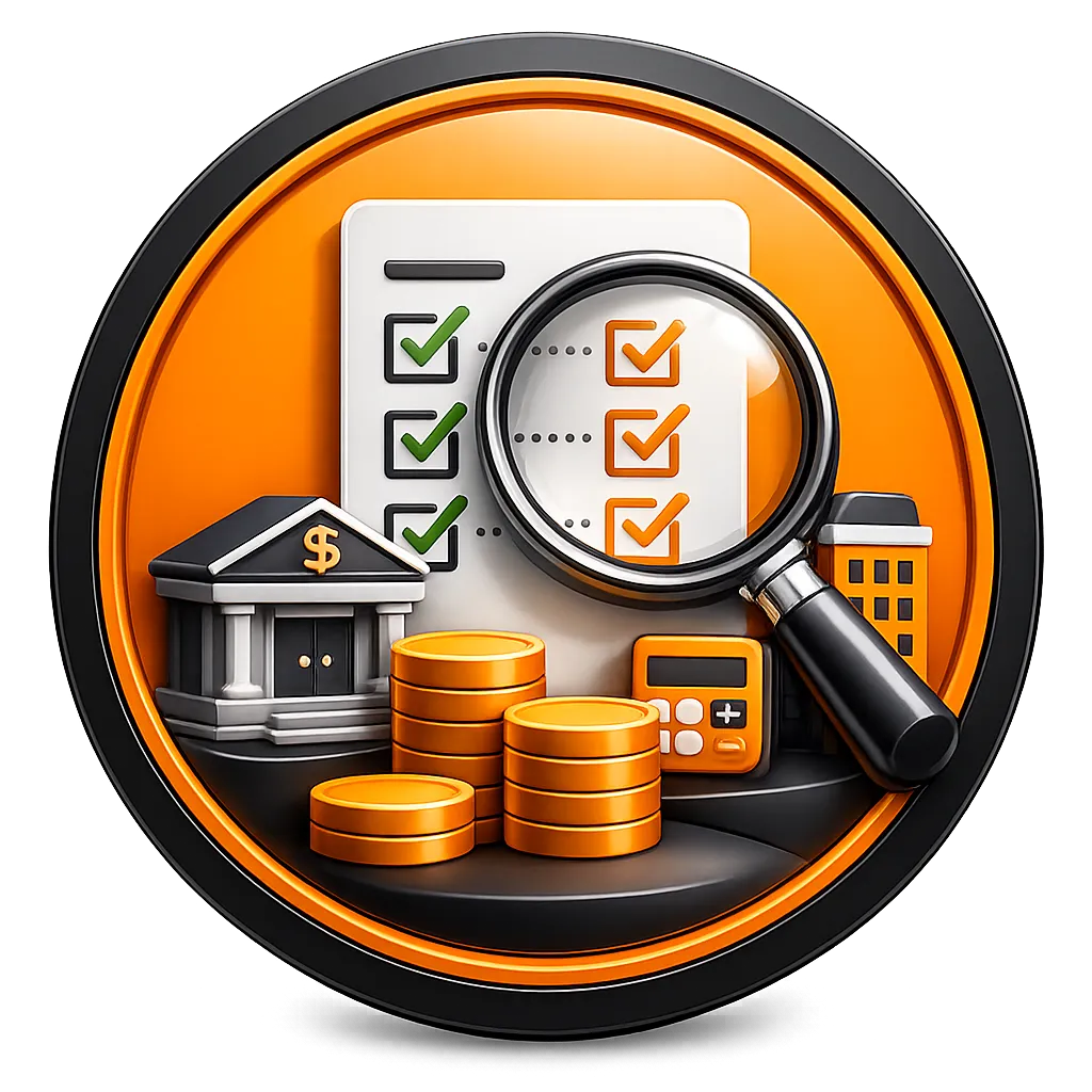 Orange circular personal loan icon showing lender comparison, checklist, calculator, bank, and loan approval details before applying.