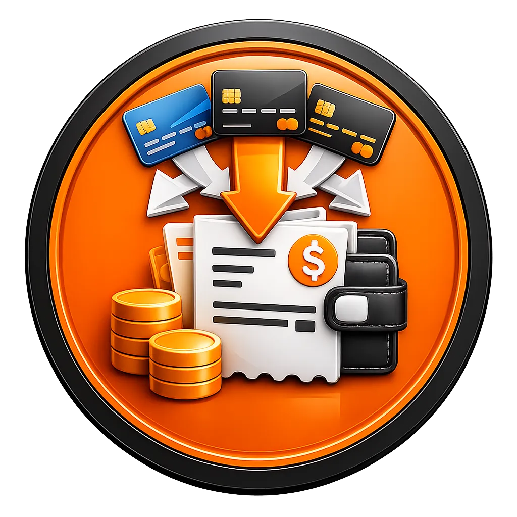 Orange circular personal loan icon showing credit cards, payments, wallet, and debt consolidation into one repayment.