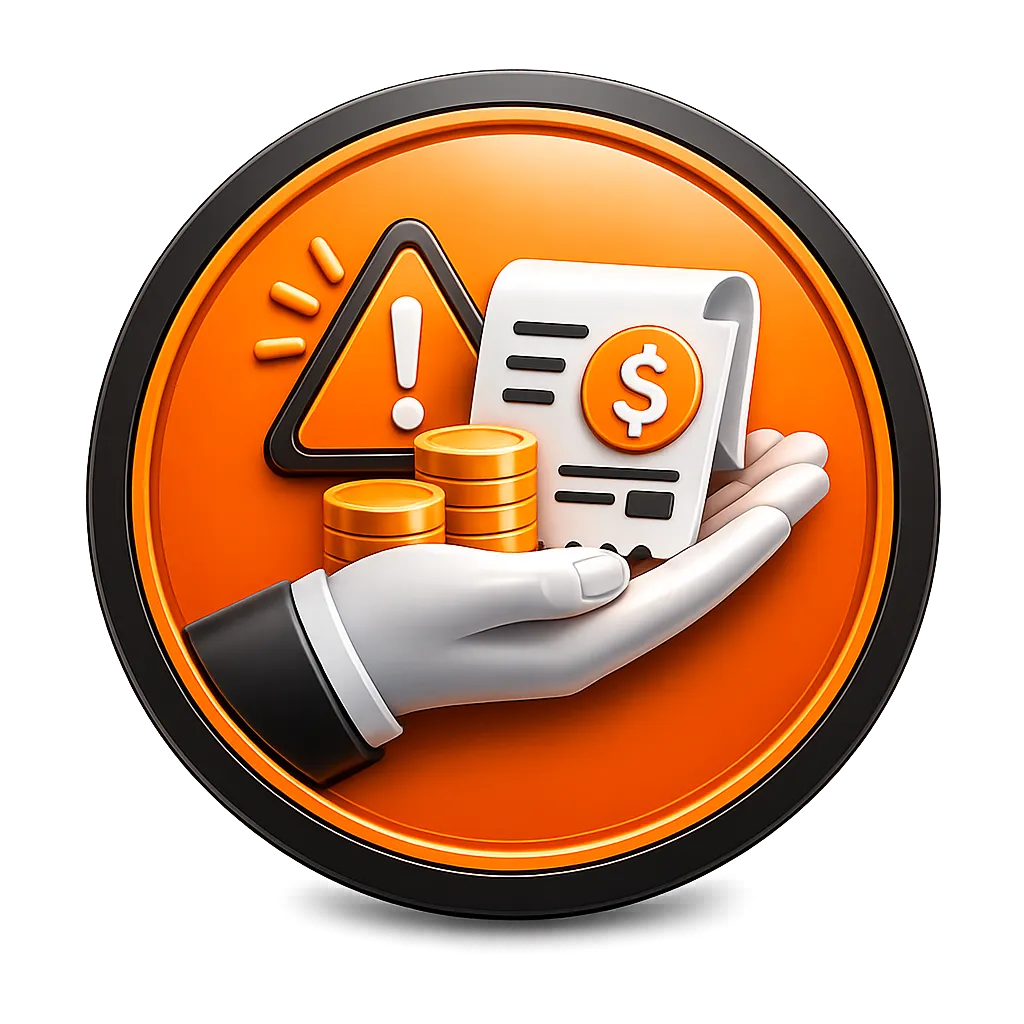 Orange circular personal loan icon showing emergency costs, urgent bills, coins, and financial support for unexpected expenses.
