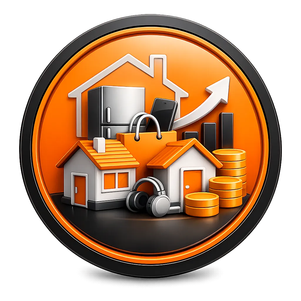 Orange circular personal loan icon showing home essentials, personal expenses, household needs, and loan support for planned costs.