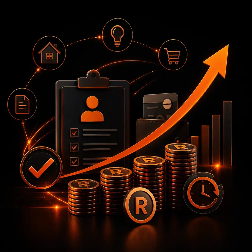 Black and orange personal loan image showing rand coin stacks, approval checklist, repayment clock, loan documents, and growth arrow explaining how personal loans work.