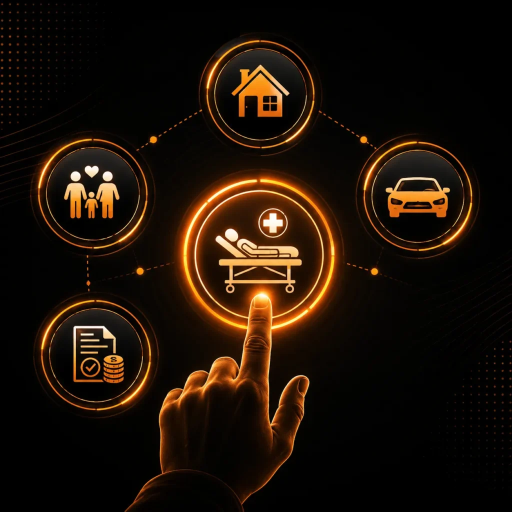 Black and orange personal loan illustration showing a hand selecting between loan-use icons such as family, home, car, and healthcare, representing how to choose the right personal loan in South Africa.