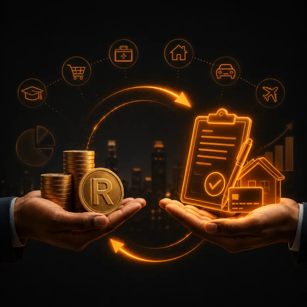 Black and orange personal loan image showing rand coins, loan documents, home, car, health, education, and shopping icons for borrowers comparing personal loan options in South Africa.